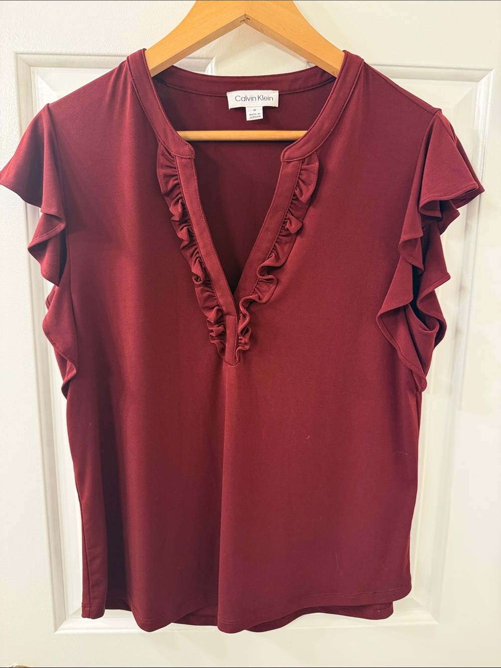 Calvin Klein Women's Deep Burgundy Ruffle V-Neck Blouse